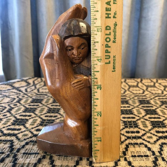 Wood Sculpture Held in Gods Hands Artisan Piece Women Held in Gods Hand 6" Tall - Picture 7 of 7